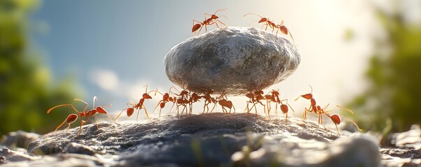 A group of red ants are working together to move a large rock team work concept AI Generated