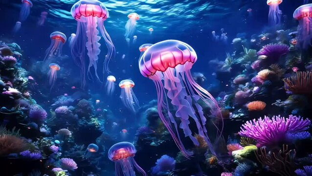 Jellyfish swim peacefully in an underwater seascape with colorful coral formations and gentle light rays