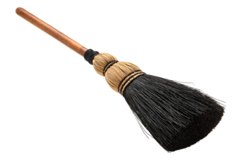 Antique WoodenHandled Broom, Black Bristles, Straw Binding, Cleaning Tool