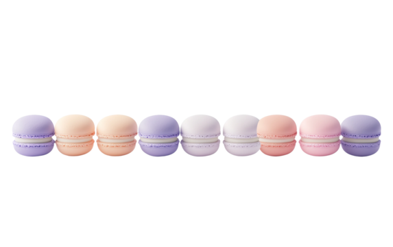 Assorted macarons in delicate pastel colors arranged in a variety of flavors with smooth rounded shells isolated on transparent background PNG