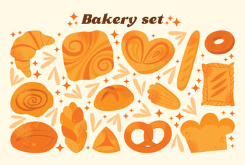 Set of various baked goods croissant, loaf, pretzel, bun, baguette, roll, danish pastry, and donut isolated on light background. Flat vector illustration. Bakery and food concept cooking pastry