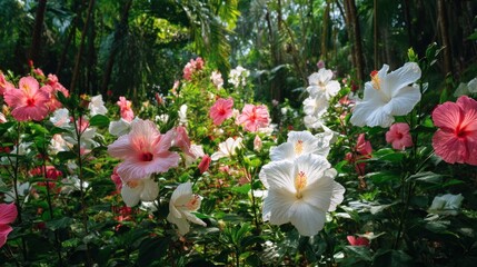 Vibrant hibiscus flowers bloom in a lush garden setting