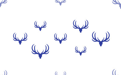 Seamless pattern of large isolated blue deer horns symbols. The pattern is divided by a line of elements of lighter tones. Illustration on light transparent background