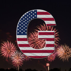 Letter G with American flag pattern and colorful fireworks in night sky celebrating patriotic event with vibrant stars and stripes