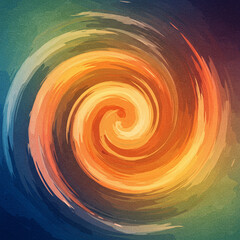 Abstract watercolor brushstrokes swirl in vibrant spiral pattern with warm orange and yellow tones blending into cool blue and green shades, creating dynamic and energetic visual effect