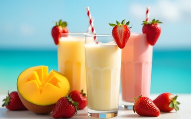 creamy strawberry mango and vanilla shakes, delicious drinks for summer. High quality