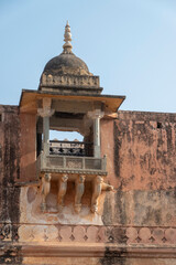 A detail showing a balcony at the Amer Fort or Amber Fort, Rajasthan, sunshine