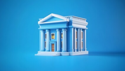 Fototapeta premium 3D Small Bank Model with columns isolated on blue background Roman ancient architecture AI Generated