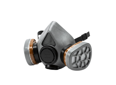 Gray respirator mask with dual cartridges isolated on transparent background