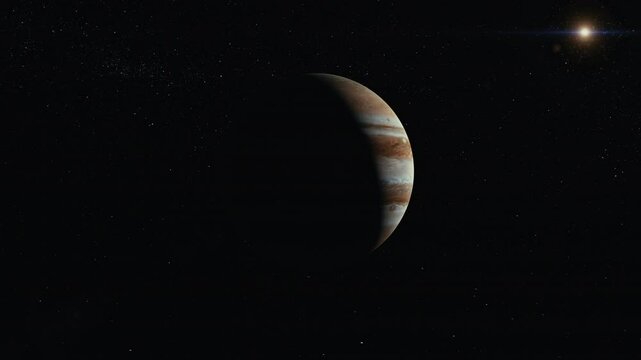 Dolly out jupiter with sun flare and starry background