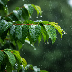 Rain falling on leafy surface with fresh green leaves covered in water droplets, creating refreshing and calming natural scene during gentle rain shower