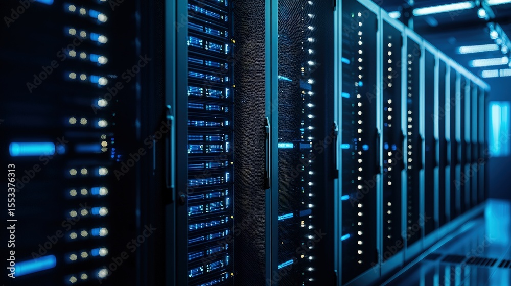 Poster sleek modern data center with black server cabinets illuminated by blue led lights, perfect for cybe