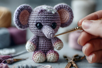 Hands carefully crocheting a small purple elephant with yarn, crochet hook and crafting tools on a light tabletop