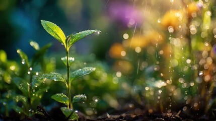 New sprout emerging, bathed in morning sunlight and rain