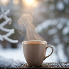 Steaming hot tea cup on wooden surface surrounded by snow with soft sunlight in background creating warm and cozy winter atmosphere