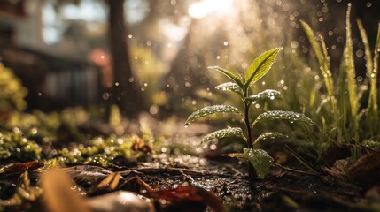 Tiny sprout emerging from the ground, bathed in sunlight and water droplets