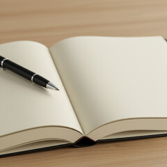 Open notebook with blank pages and pen resting on wooden surface, ready for writing or drawing, evoking creativity and focus in calm setting