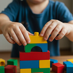 Childs hands playing with colorful wooden building blocks, stacking and creating structure with focus and creativity in playful environment