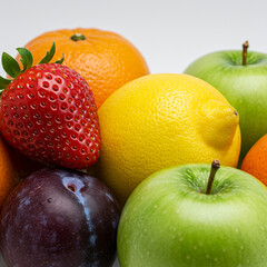 Fresh colorful fruits close up with strawberry, lemon, green apple, plum, and orange showing vibrant textures and natural shine