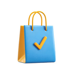 Blue and yellow shopping bag with a check mark on it. isolated-on-ransparent-3d-background