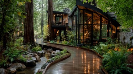 Obraz premium A beautiful treehouse hotel nestled in a lush redwood forest illuminated warmly at dusk