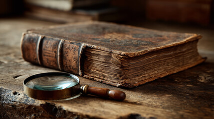 Antique book and magnifier on wooden desk background.