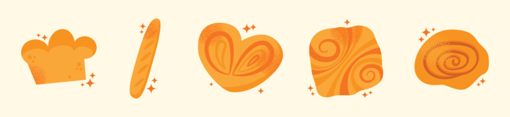 Set of various baked goods croissant, loaf, pretzel, bun, baguette, roll, danish pastry, and donut isolated on light background. Flat vector illustration. Bakery and food concept cooking pastry