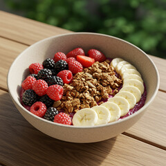 Healthy breakfast bowl with sliced banana, fresh raspberries, blackberries, strawberries, and crunchy granola served in beige bowl on wooden table outdoors