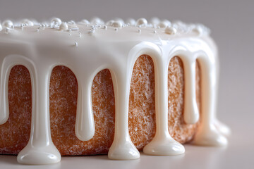 A white cake with a white glaze on top. The glaze is dripping down the sides of the cake