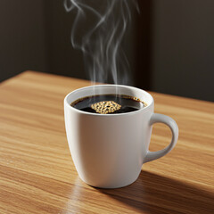 Steaming hot black coffee in white ceramic mug placed on wooden table, creating warm and inviting atmosphere with visible steam rising