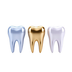 Three unique and colorful tooth shapes in blue, gold, and white for dental themes on transparent background
