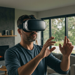 Man using virtual reality headset at home, interacting with digital environment, immersive technology experience, casual clothing, modern living room background