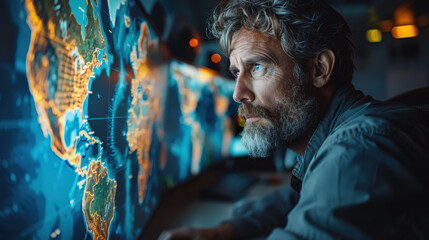 A close-up of a serious man with blue eyes and a beard intensely observing digital world maps on multiple screens, suggesting advanced data monitoring or strategic planning