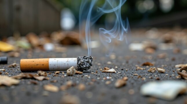 Burning cigarette butt lies discarded on a dirty outdoor ground