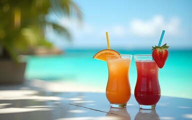Two refreshing cocktails poolside with a tropical beach backdrop. Perfect for travel, leisure, or summer promotions. High quality