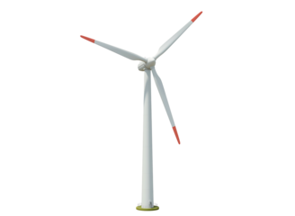 Modern wind turbine with three blades generating renewable energy isolated on transparent background