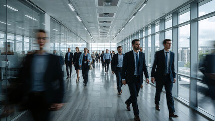 professionals walking in a modern office corridor with natural light