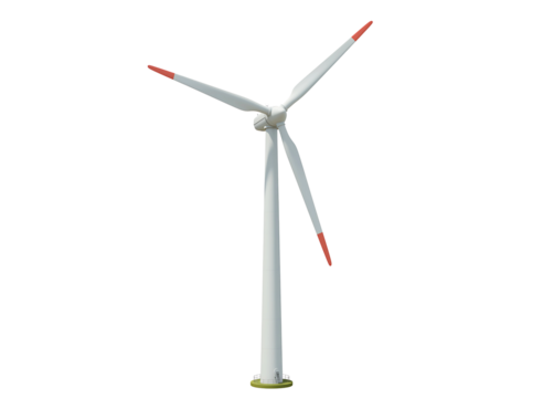 Modern wind turbine with three blades generating renewable energy isolated on transparent background