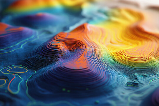A vibrant 3D topographic map with glowing neon contour lines. The colors shift from blue and green to yellow and pink, creating a futuristic visualization of scientific data or energy flows - Powered by Adobe