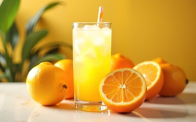 Orange citrus lemonade with ice drink tropical fruit beverage for summer or refreshment and healthy. High quality