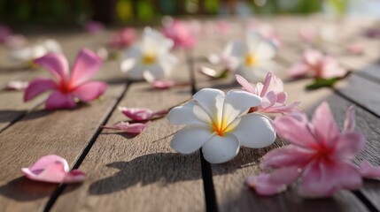 Delicate blossoms scattered on a wooden surface