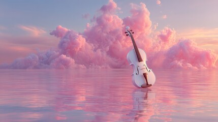 A serene white violin floats on a pink cloud sea