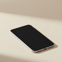 Smartphone with blank screen lying on beige surface, modern mobile device with sleek design and metallic frame, minimalistic tech concept with soft lighting and shadow