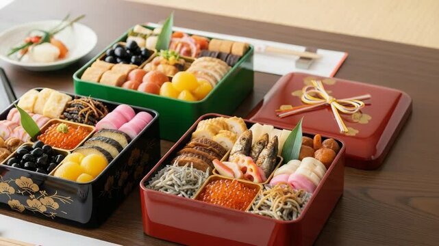 Japanese osechi-ryori dishes for New Year?s displayed in colorful lacquer boxes on a tatami table