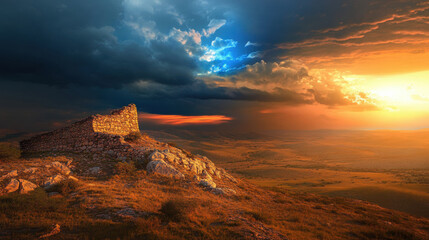 Fototapeta premium Vibrant sunset illuminates ancient stone ruin on hilltop, with dramatic clouds and colorful sky creating mystical atmosphere over vast, open landscape