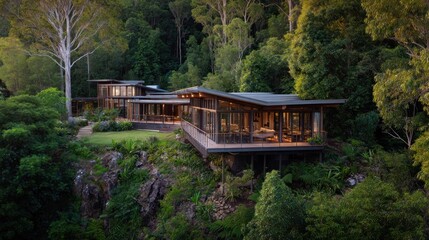 Modern, elevated house nestled within lush rainforest