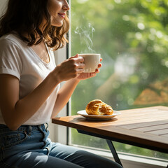 Woman enjoys warm cup of coffee by sunny window with croissant on plate, creating peaceful and cozy morning moment filled with natural light and calm