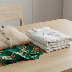 Folded beige cardigan, white shirt, and green patterned scarf neatly placed on wooden table with chair in background, creating calm and organized fashion display