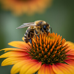 Bee pollinating flower with vibrant orange and yellow petals, close up macro photography capturing detailed wings and fuzzy body in natural green background