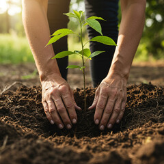 Young green plant with fresh leaves being carefully planted in rich soil by hands outdoors in sunlight, symbolizing growth and environmental care